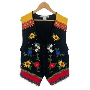 Vintage 90s Ugly Sweater Vest Poinsettia Large Victoria Jones Floral Beaded